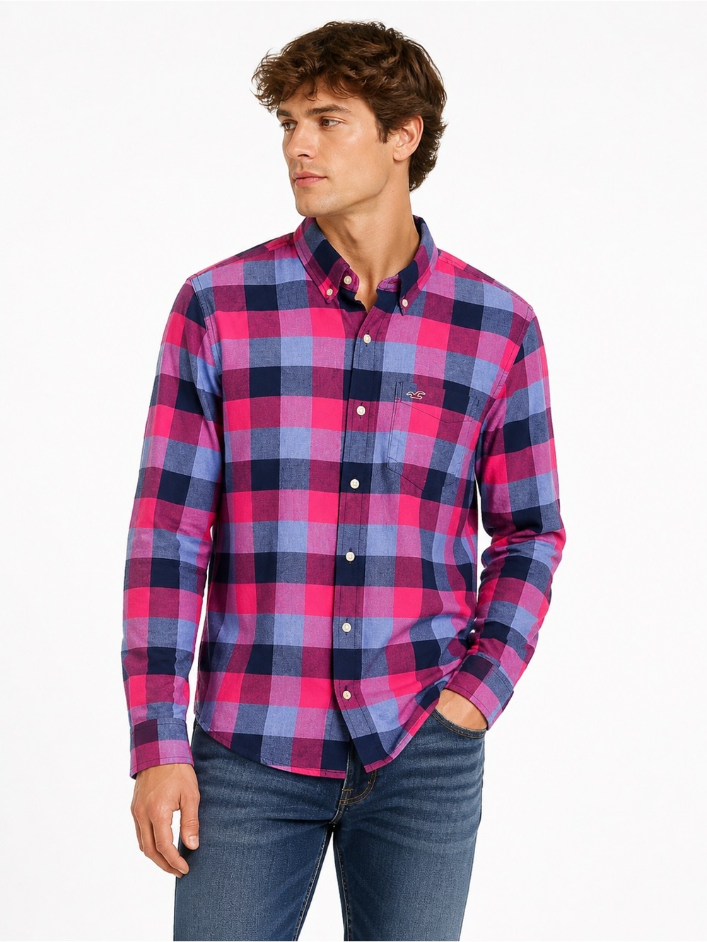 Hollister Size Large Men's Pink and Blue Plaid Button Up Shirt
